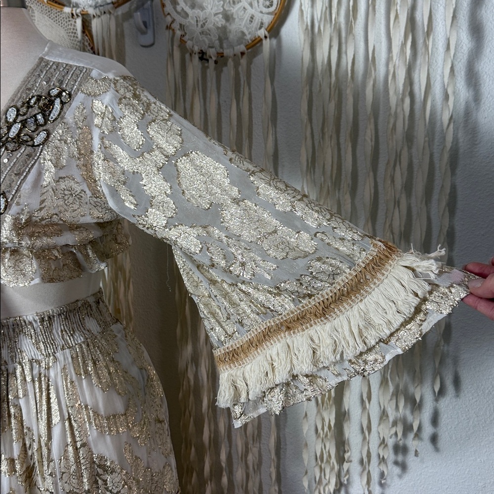 Papa Pia Crean and Gold Cropped Top and Maxi Skirt Festival Gypsy Set O/S - Picture 3 of 12